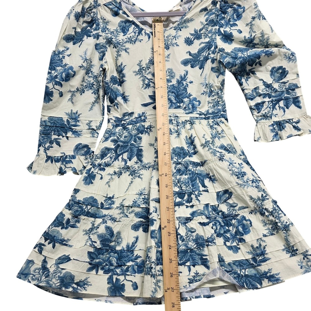 LoveShackFancy Blue Floral Toile Cotton Tiered‎ Ruffle Mini Dress Womens Size 0 - Picture 5 of 7